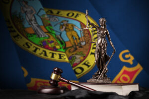 Idaho US state flag with statue of lady justice, constitution and judge hammer on black drapery. Concept of judgement and guilt