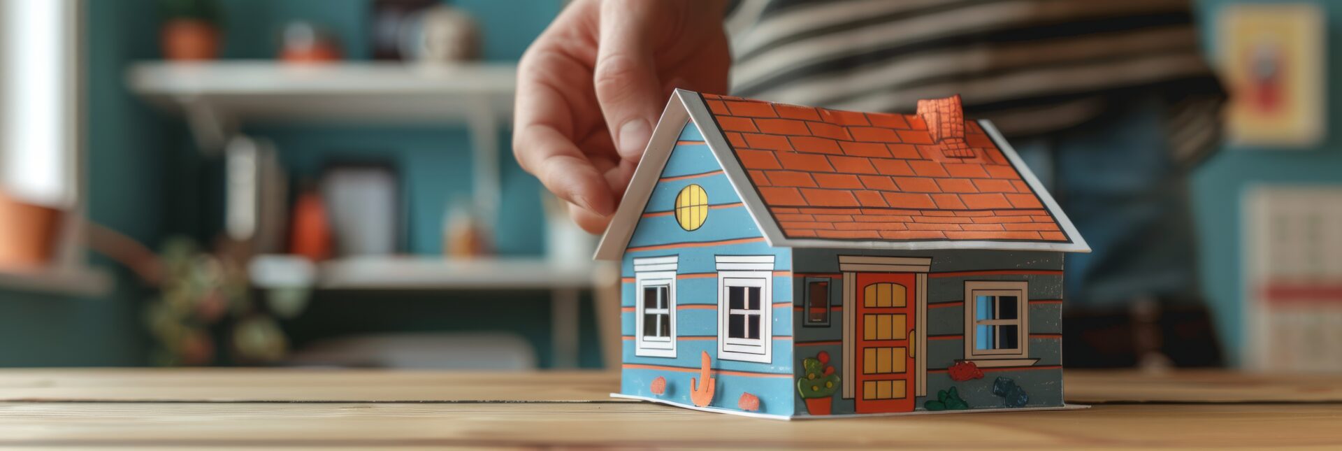 A colorful handcrafted paper model of a house sits on a wooden desk, symbolizing the creativity of real estate