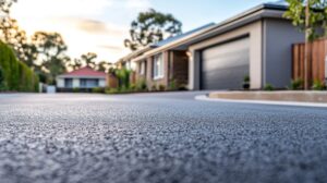 Freshly Paved Concrete Driveway with Suburban House in the Background, Smooth Surface, Low Angle Perspective