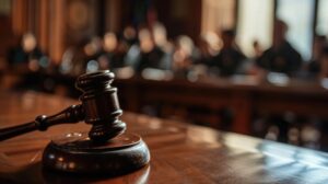 The close up view of the gavel placing on wooden base inside courtroom. AIGX02.