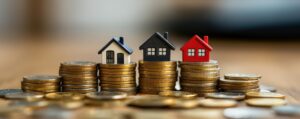 Miniature houses on stacked coins representing real estate investment, housing market, and financial growth.